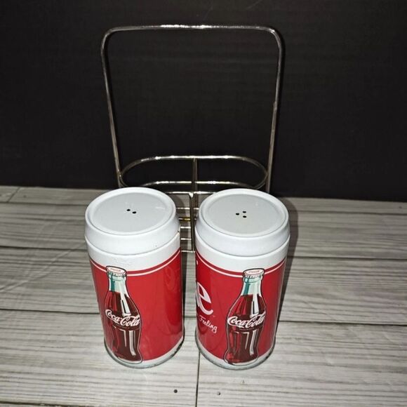Coca-Cola Soda Can Salt and Pepper Shaker Set With Caddy Retro Decor - Picture 5 of 9